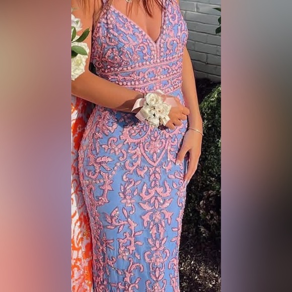 Sherri Hill Blue Dress with Pink Embroidery - Picture 2 of 2